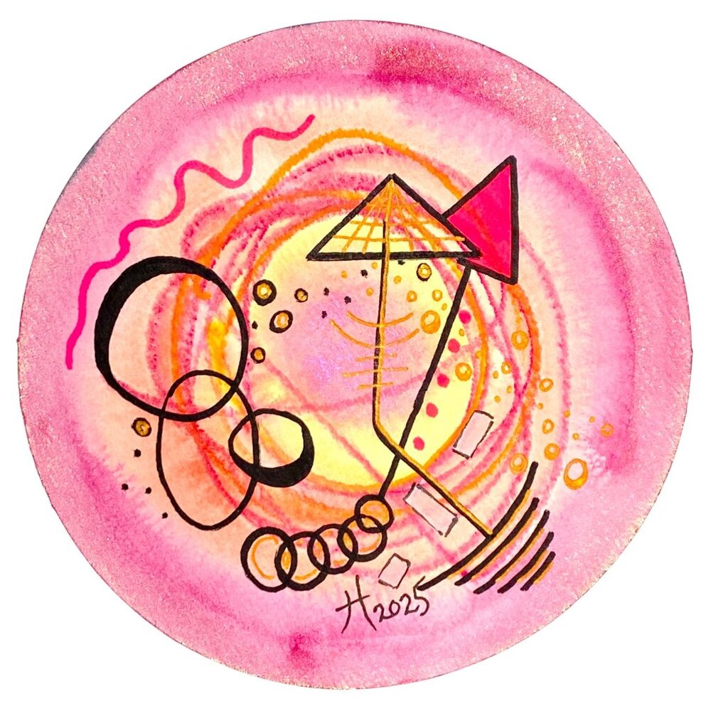 Art Original Half Way There Watercolor Mix Media Painting Round Artwork 6.4inDia